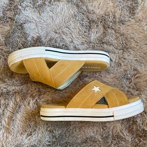 Converse sandal. Suede, yellow, 8.5. Good condition with some natural wear.